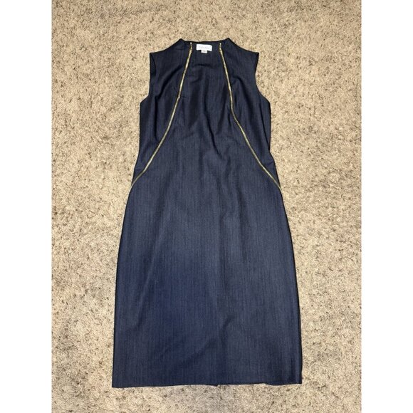 CALVIN KLEIN High Neck Sheath Dress Blue Double Exposed Zip Career Office Sz 6 - Picture 2 of 8